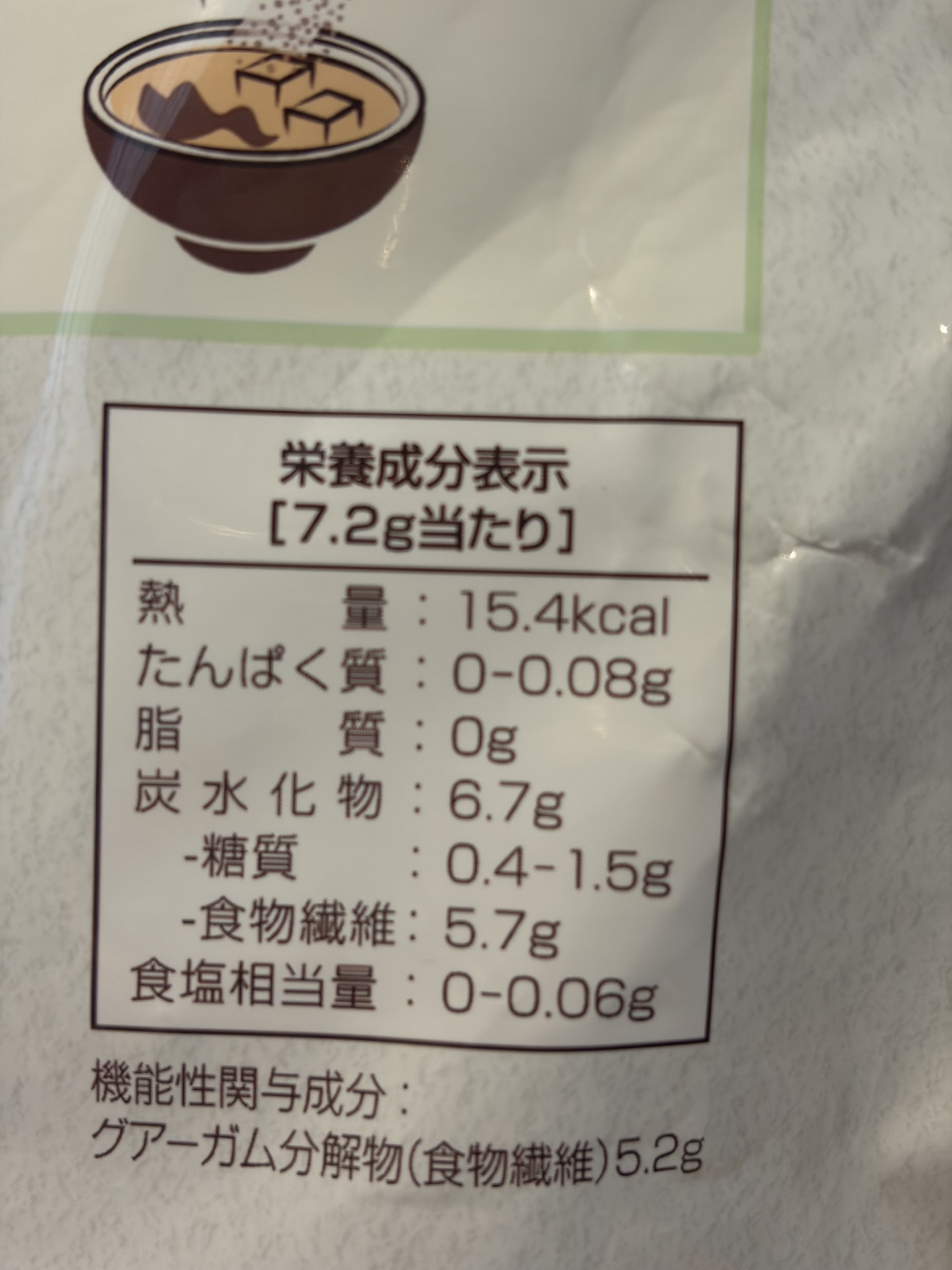 アイソカル ファイバーの7.2gあたりの栄養成分表示