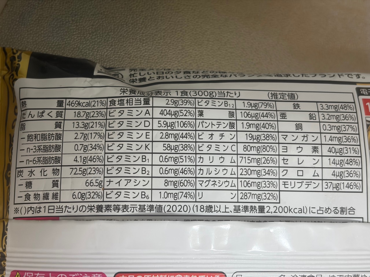 日清中華 完全メシ 汁なし担々麺の栄養成分表示