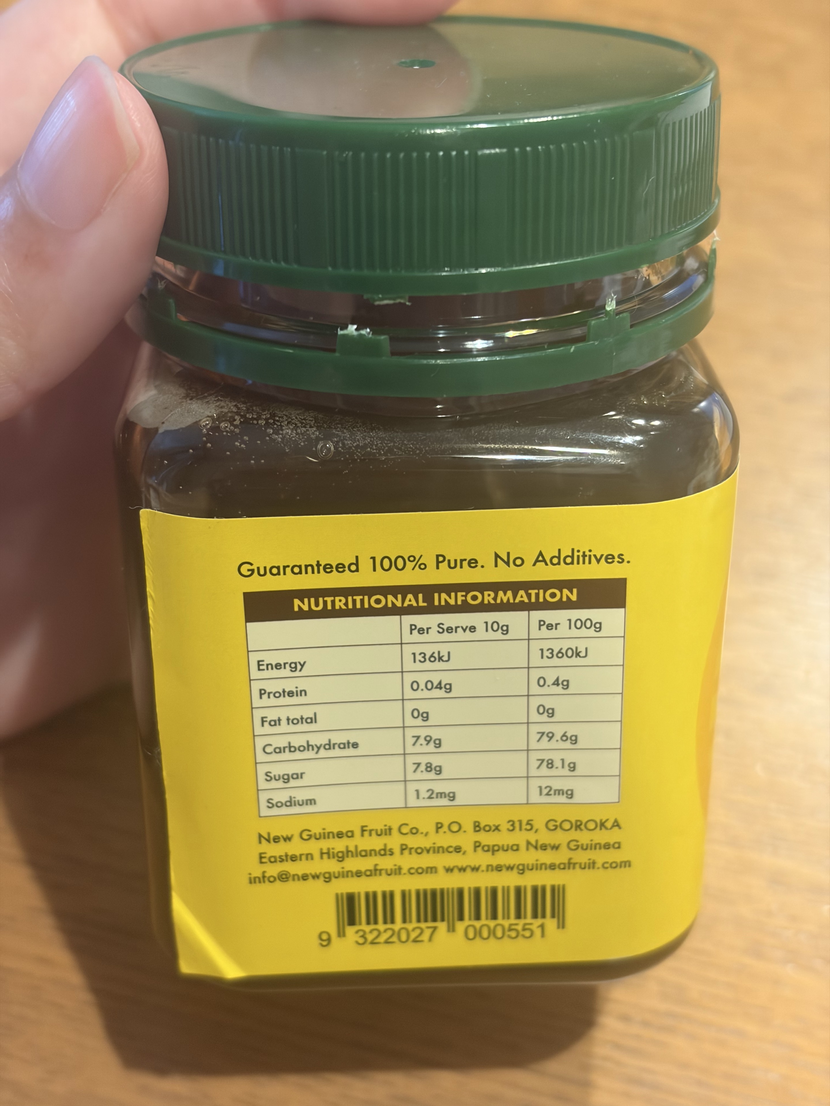Highlands Honeyの裏面と栄養成分表示